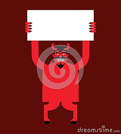 Red devil hand holding white sheet. Satan holds and signboard Vector Illustration