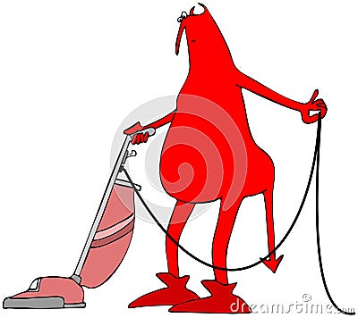 Red devil using a vacuum cleaner Stock Photo