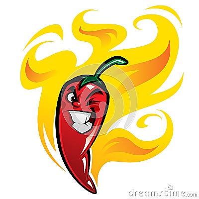 Red devious extremely hot cartoon chili pepper character on fire Vector Illustration