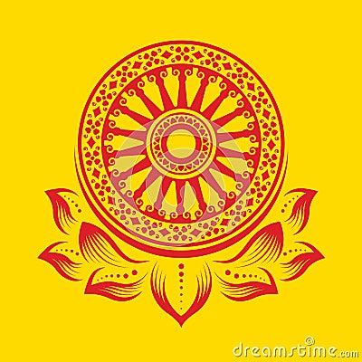 Red dharmachakra wheel of dhamma on lotus petals sign on yellow background vector design Vector Illustration