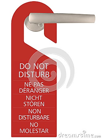 Red Do Not Disturb Door Handle Cardboard Tag, Vertical Isolated Hanger Sign Macro Closeup, English, French, German, Italian Stock Photo