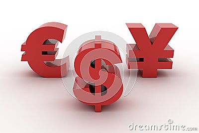 Red Dollar Euro and Yen isolated Stock Photo