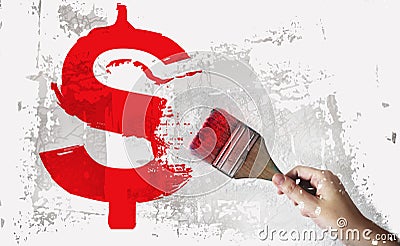 Red dollar sign and brush in hand on grundge white grey background. Currency money financial concept Stock Photo