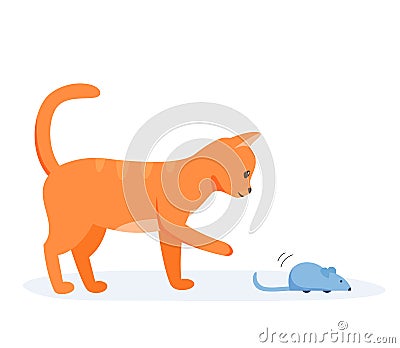 Red domestic cat playing with automatic toy mouse. Activity for indoor pet. Interactive cat supplies and accessories Vector Illustration