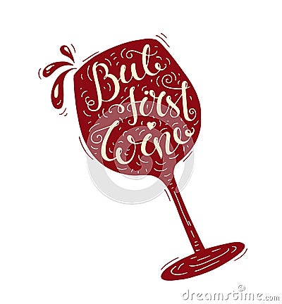 Red doodle typography poster with wineglass. Vector Illustration