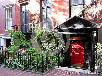 USA, New York City, Red Door Entrance in Greenwich Village Stock Photo