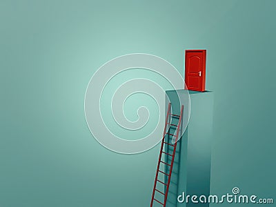 Ladder leading to a closed red door Cartoon Illustration