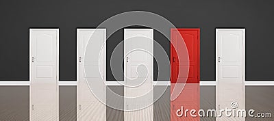 Red door among white ones. Concept of choice Stock Photo