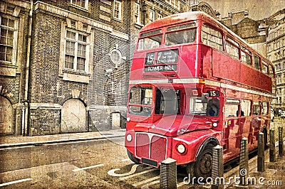 Red double decker bus, vintage sepia texture, London Stock Photo