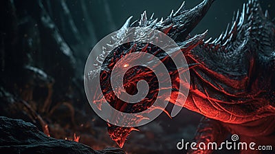 a red dragon with glowing eyes in a dark cave with rocks Stock Photo