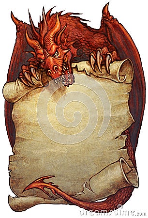 Red dragon holding an ancient scroll - fantasy illustration Cartoon Illustration