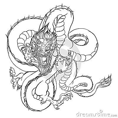 Hand drawn Silhouette dragon.Chinese dragon tattoo.Black and white Traditional Japanese dragon.Dragon coloring book. Vector Illustration