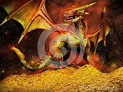 Red dragon on a pile of gold Stock Photo