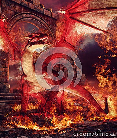 Red dragon in a ring of fire Stock Photo