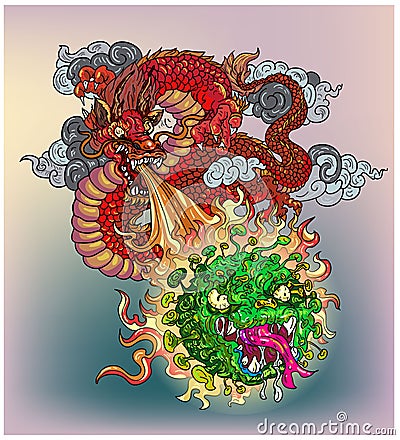 Red dragon tattoo Japanese style.Chinese Dragon fighting with Corona virus Vector Illustration