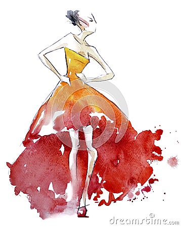 Red dress fashion illustration, watercolor painting Cartoon Illustration