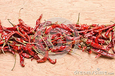 Red dried chili pepper on wooden background Stock Photo