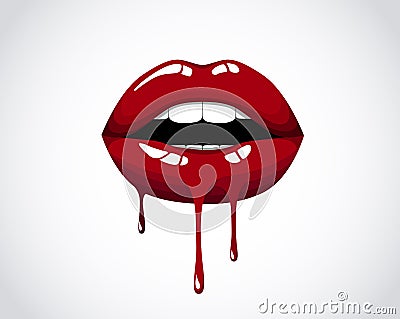 Red dripping girl lips. Woman bleeding red mouth. Melting kiss with lipstick, gloss. Valentines, mothers day logo Stock Photo