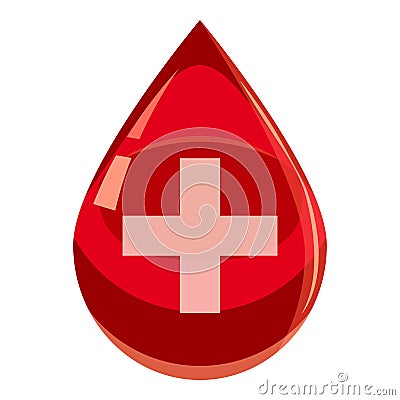 Red drop of blood with cross icon, cartoon style Vector Illustration