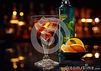 Red dry martini cocktail with ice and oranges on dark restaurant table with bottle.Macro.AI Generative Stock Photo