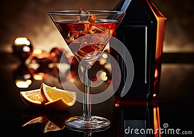 Red dry martini cocktail with ice and oranges on dark restaurant table with bottle.Macro.AI Generative Stock Photo