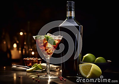 Red dry martini glass with ice and mint leaf on dark table with bottle.Macro.AI Generative Stock Photo