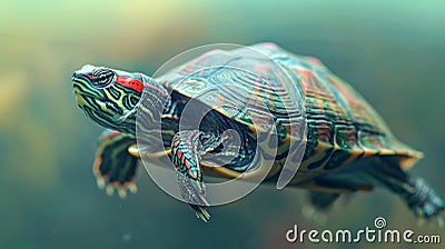 Red-eared slider turtle (Trachemys scripta elegans). Generative AI Cartoon Illustration