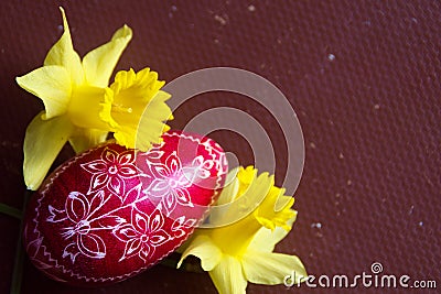 Red Easter Egg And Two Yellow Daffodills Stock Photo