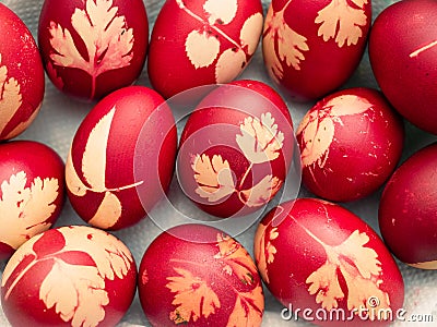 Red Easter eggs close up picture Stock Photo