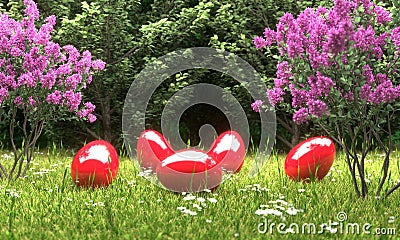 Red easter eggs in front of a forest 3D illustration Cartoon Illustration