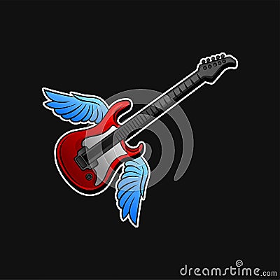 Red electric guitar with blue wings. Rock n roll or music theme. Vector design for promo poster, sticker or card Vector Illustration