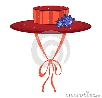 Red elegant ladies hat with ribbon and blue flowers. Fashionable female accessory for summer or spring outfit. Vintage Vector Illustration