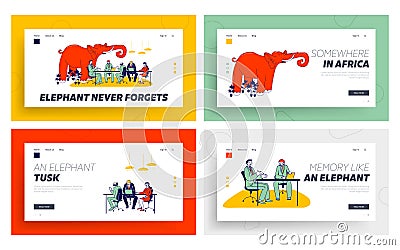 Red Elephant in Office Landing Page Template Set. Business People Sitting in Office Discussing, Ignoring Unsolved Vector Illustration