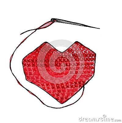 Red embroidered heart with needle and thread. Stock Photo