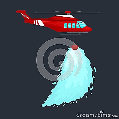 Red emergency propeller helicopter in the air with water for extinguish danger fire. Rescue aircraft flight for water Vector Illustration