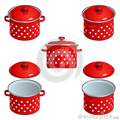 Red enamel saucepan in white peas with a lid, open and closed, isolated on a white background Vector Illustration