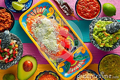 Red enchiladas Mexican food with guacamole Stock Photo