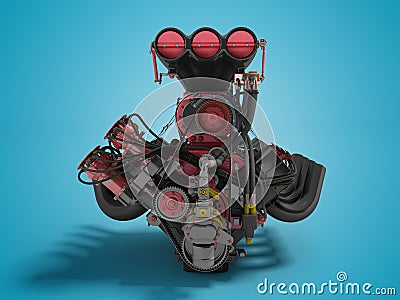 Red engine with supercharger front view 3d render on blue background with shadow Stock Photo