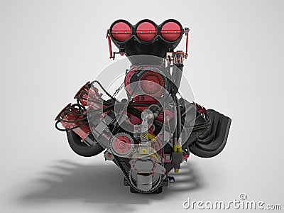 Red engine with supercharger front view 3d render on gray background with shadow Stock Photo