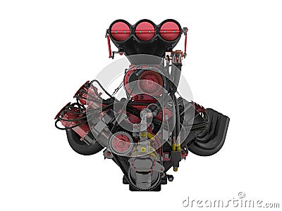 Red engine with supercharger front view 3d render on white background no shadow Stock Photo