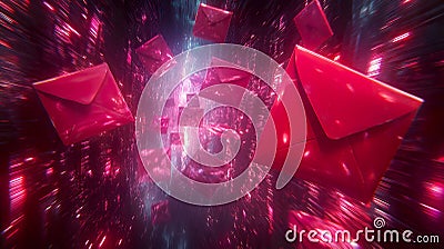 Red envelopes float in digital space, symbolizing fast communication and data transfer. vibrant colors and dynamic motion create Stock Photo