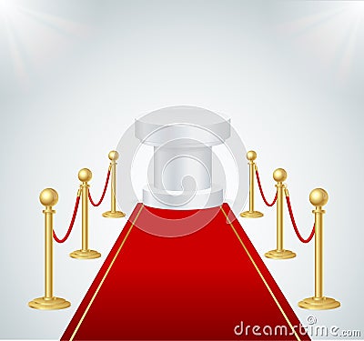 Red Event Carpet, Round Podium and Gold Rope Barrier. Vector Vector Illustration