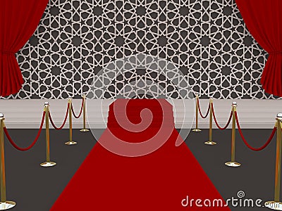 Red Event Carpet, Stairs, and Gold Barriers with red rope and Moroccan seamless mosaic background with curtain Cartoon Illustration