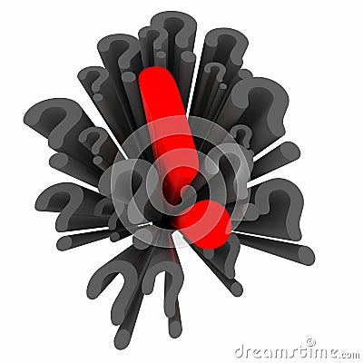 Red exclamation point among black question marks. Stock Photo