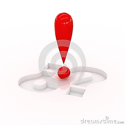 Red exclamation point over two questions Stock Photo