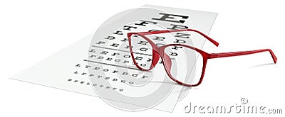 Red eyeglasses on visual test chart isolated on white. Eyesight Stock Photo