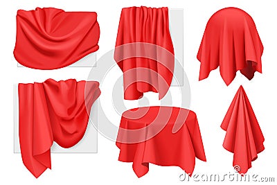 Red fabric covers on objects with drapery set, 3D drape in cloth on sphere, table, frames Vector Illustration