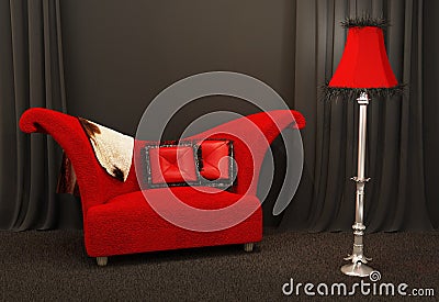 Red fabric sofa. Textured and curved sofa Stock Photo