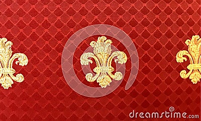 Red Fabric Texture, with an ornate gold fleur-de-lis Stock Photo