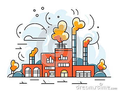 Red factory buildings with smokestacks emitting yellow smoke. Industrial pollution and environment damage vector Vector Illustration
